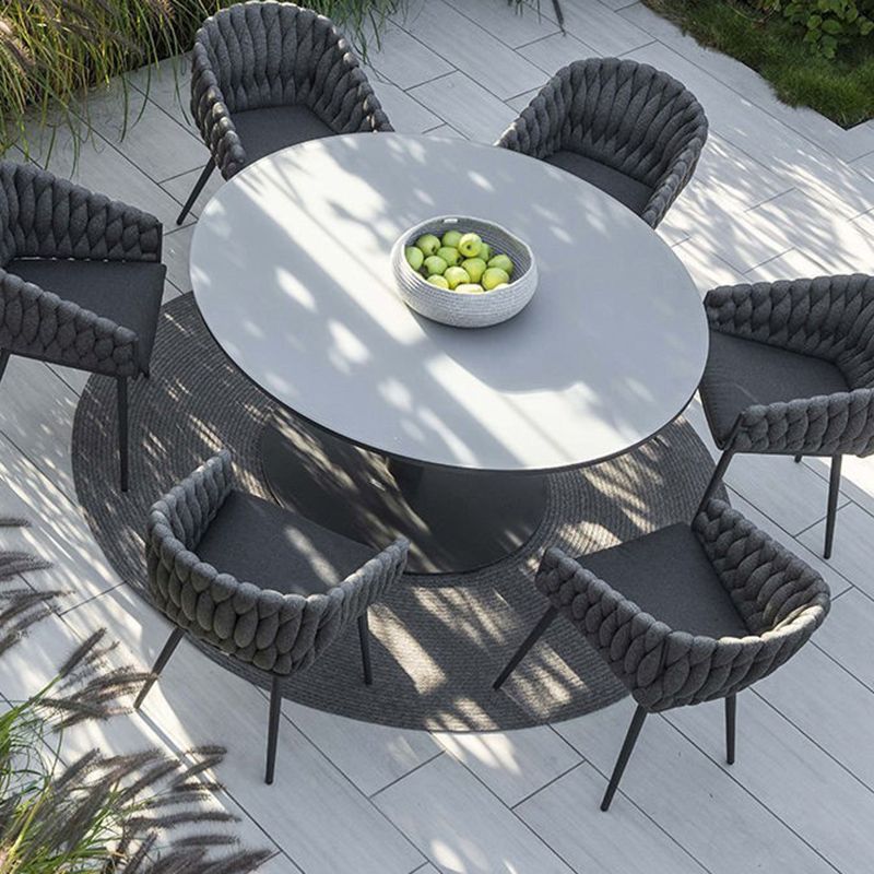 Stone Top Dining Table Set 1/7 Pcs Metal Frame Patio Dining Table with Upholstered Chairs