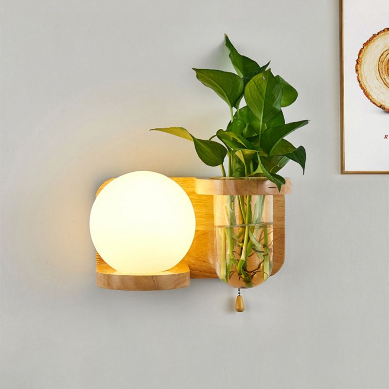 Round Shade Wall Lighting Modern Simple Wood Style Wall Light in Brown and White