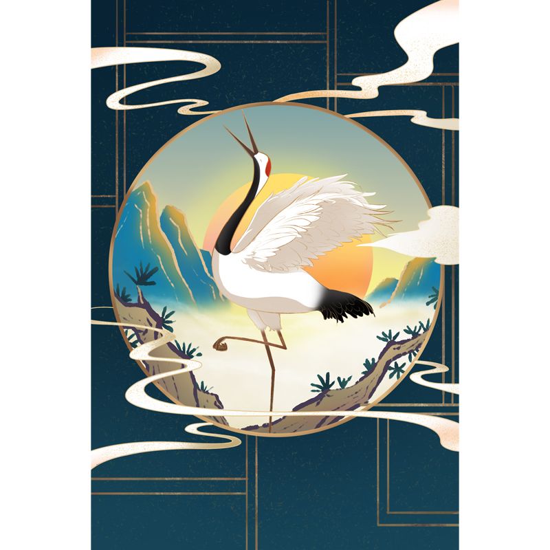 Chinese Halcyon Dancing Mural Decal Blue Moisture Resistant Wall Art for Living Room