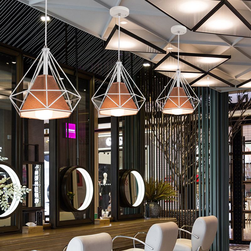 1-Light Diamond Cage Pendant Ceiling Lights Industrial Hanging Light Fixtures with Fabric Shade