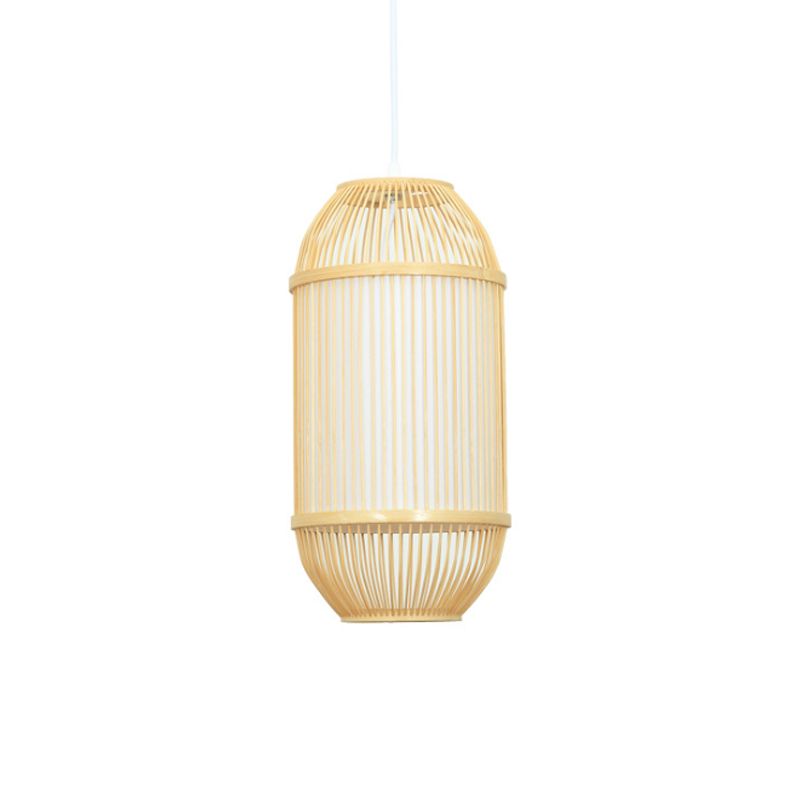Oblong Shade Hanging Lamp Country Style Bamboo 1-Light Beige Ceiling Light Fixture for Bedroom
