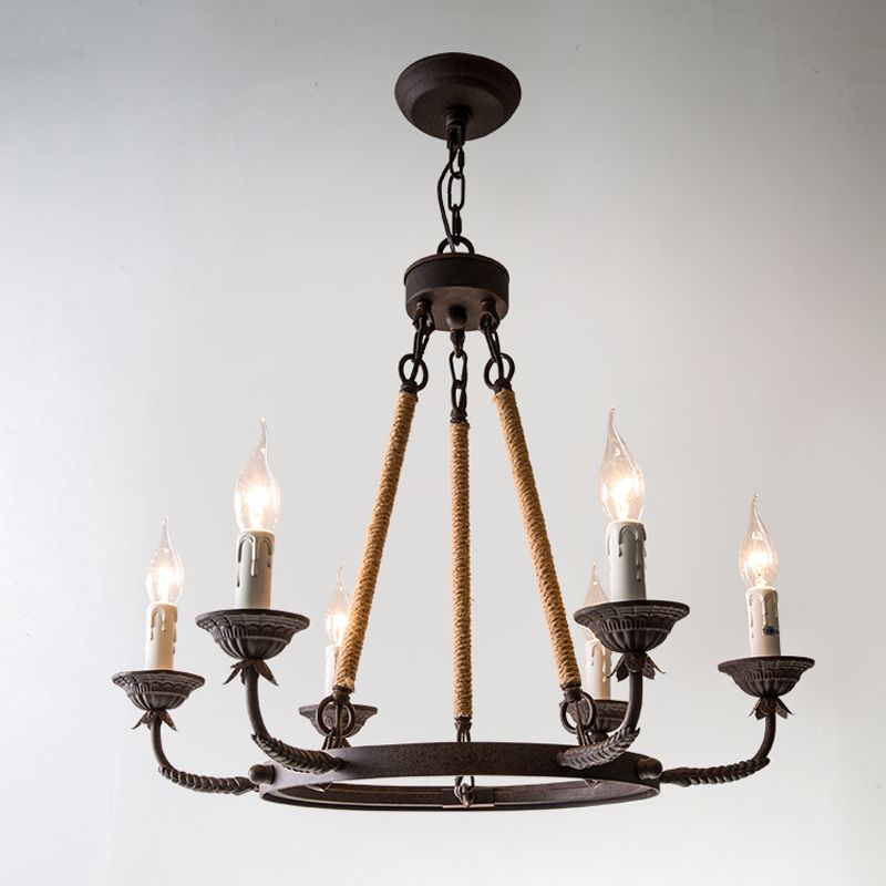 Candélabre salon lustre rétro métallique de la rouille du pendentif éclairage avec corde de chanvre