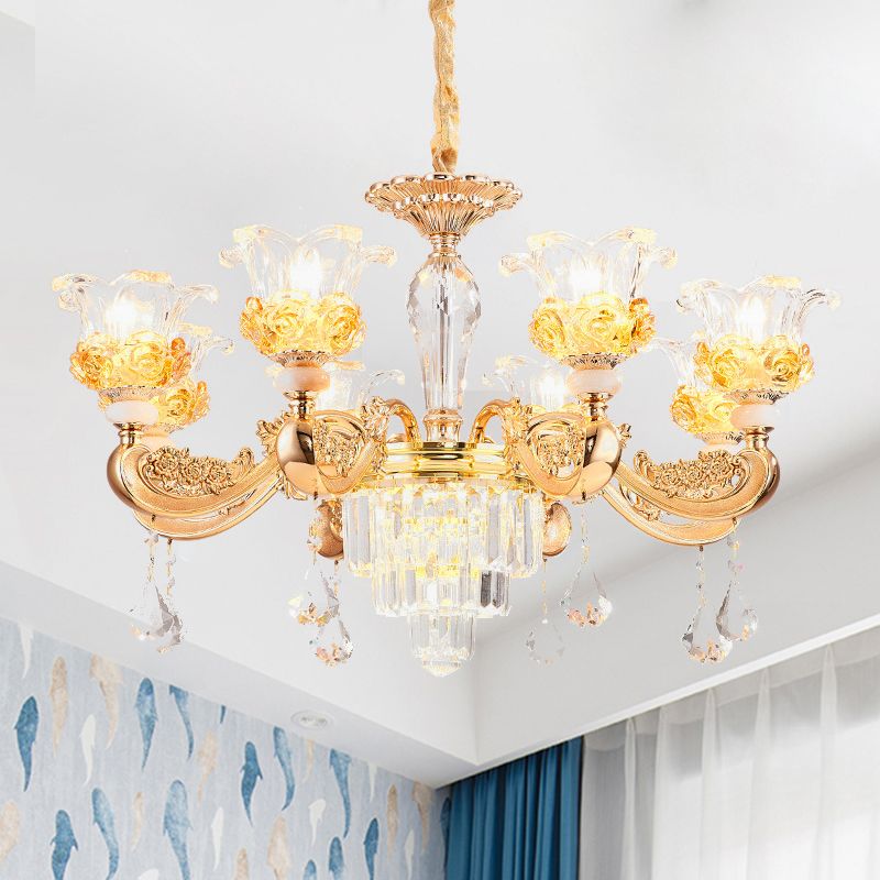 Kristalbloemen omhoog kroonluchter traditionele 8 bollen woonkamer hanglamp lamp in goud in goud