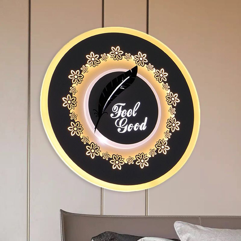Rounded Corridor Wall Mount Light Fixture Acrylic LED Simple Wall Mural Lamp in Black with Feather/Blossom Pattern