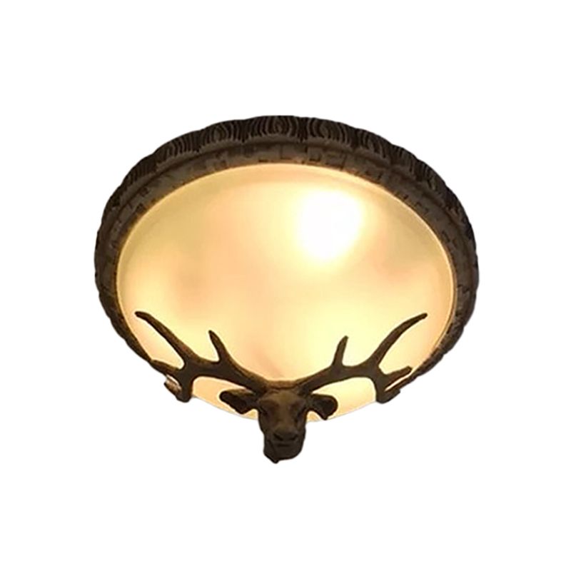 Domed Tan Glass Flush Light Rustic 3 - Bulb Dining Room Deer Head Decorated Massimale Fixture in Brown