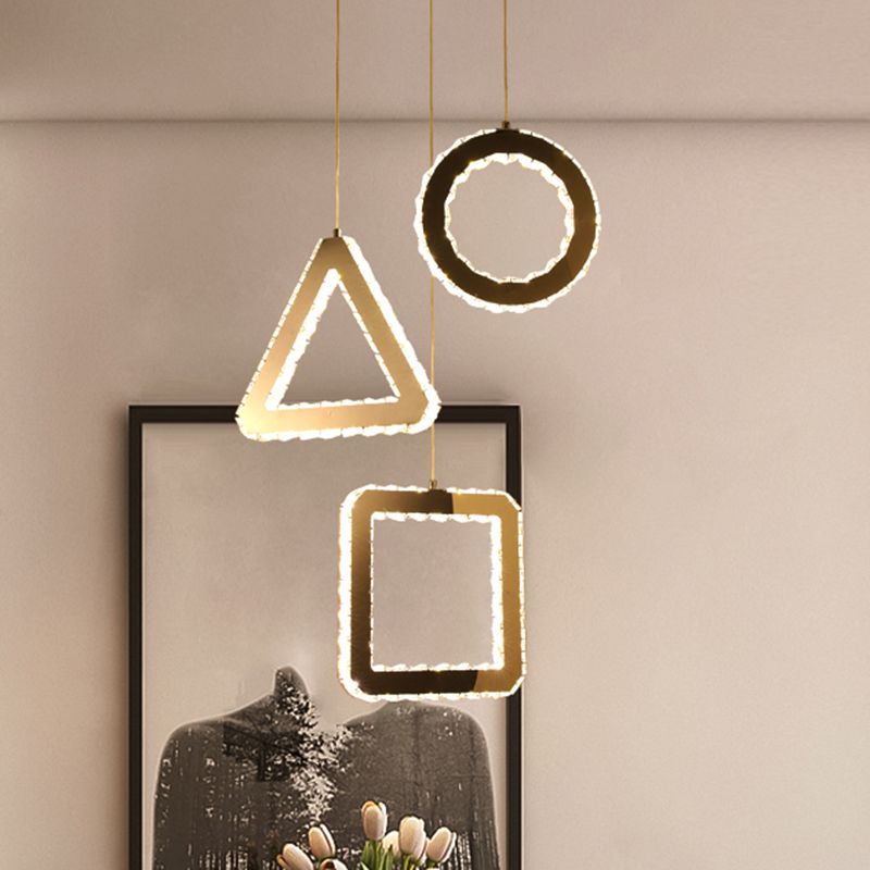 Clear Crystals Stainless-Steel Multi Ceiling Lamp Geometric Contemporary LED Pendant Lighting, Linear/Round Canopy