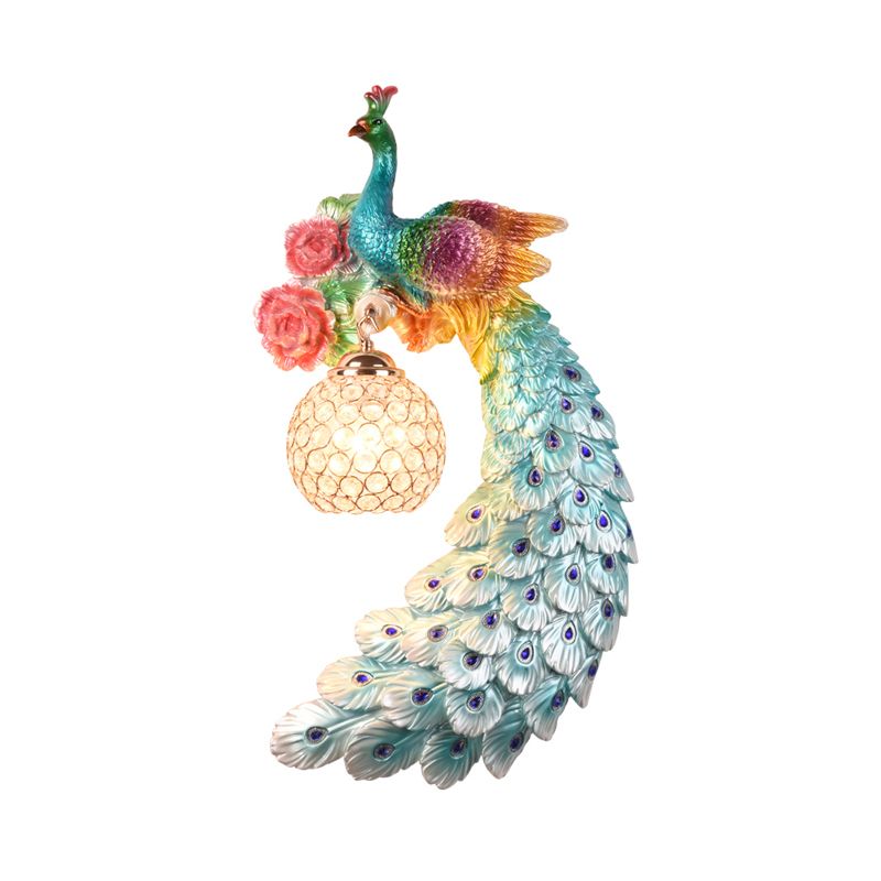 1/2-Pack Blue/Green Peacock Wall Light Fixture 8"/10" Wide 1 Head Retro Style Resin Wall Lamp with Crystal Global Shade, Left/Right