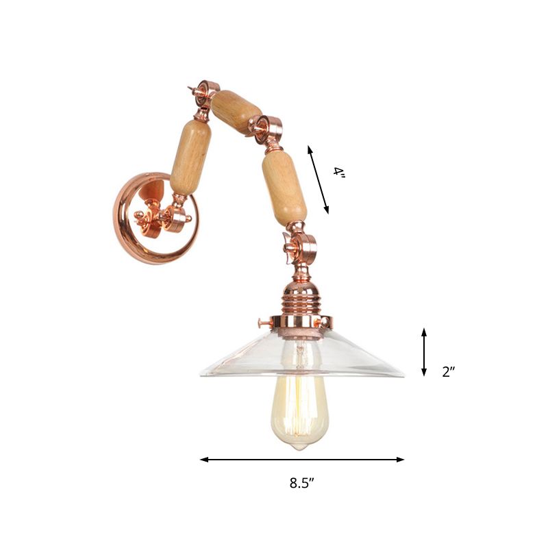 Konische klare Glaswandmontierte Lampe Vintage Einer Glühbirnen Wohnzimmer Leuchte in Roségold mit Arm