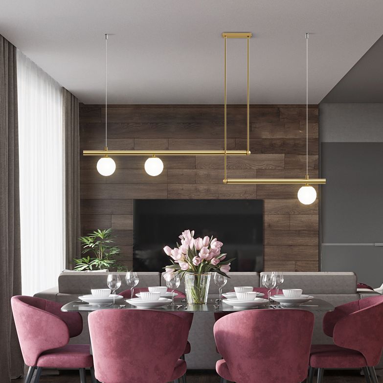 Gold Finish Linear Hanging Light Simplicity Metal Island Light with Ball White Glass Shade