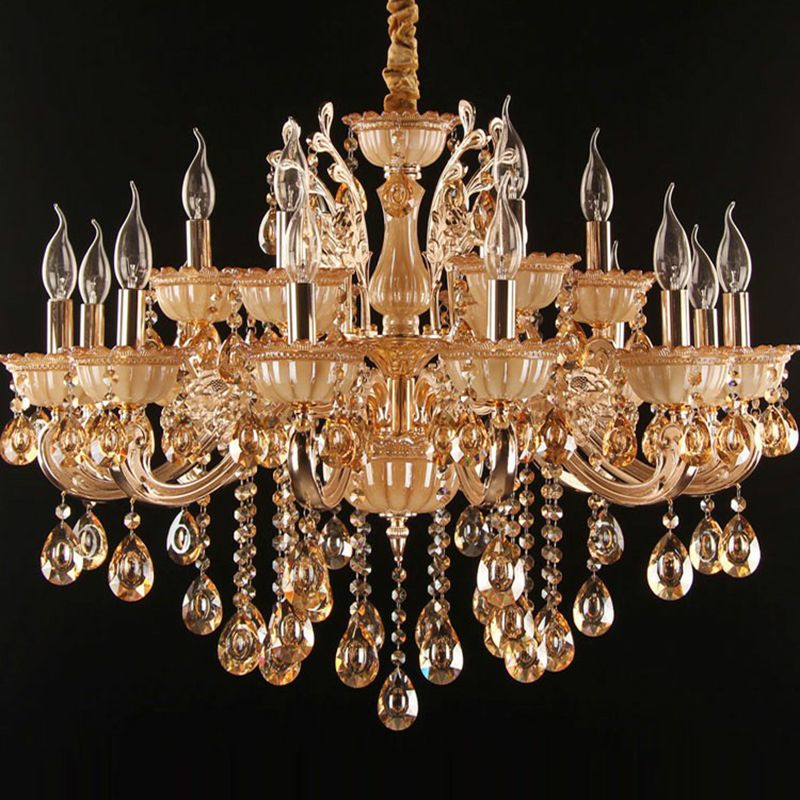 Amber Glass Candle Chandelier Lamp Traditional Living Room Suspension Light in Gold with Crystal Decor