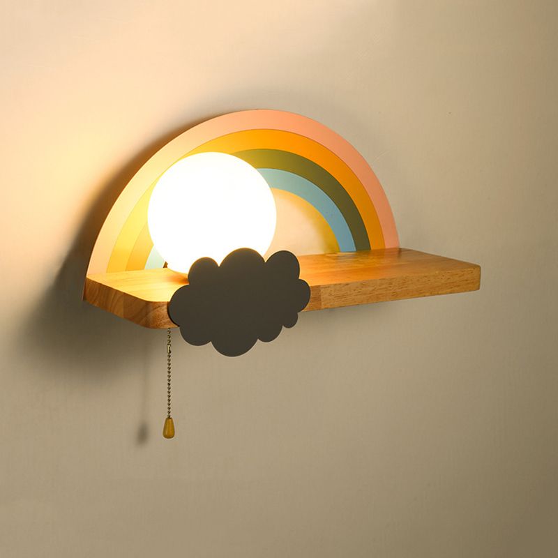 1-Light Round Wall Sconce Modern Simple Wood Style Glass Wall Lighting in Brown