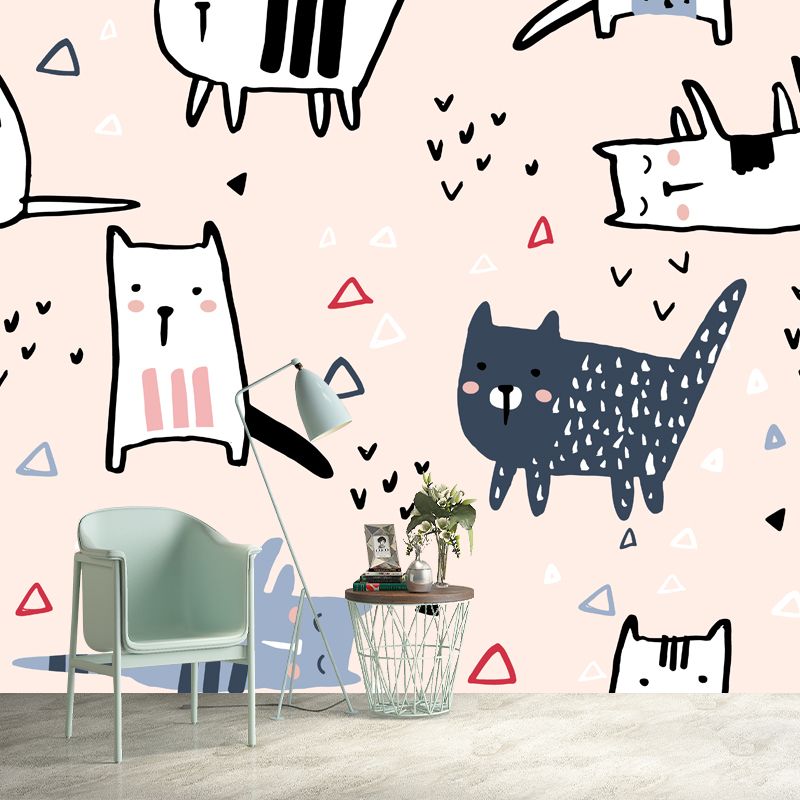 Nude Pink Cartoon Wall Mural Decal Full Size Cat Wall Covering for Childrens Bedroom