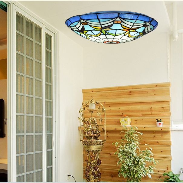 Tiffany Style Dome Flush Ceiling Light Hand Rolled Art Glass Ceiling Light for Bedroom