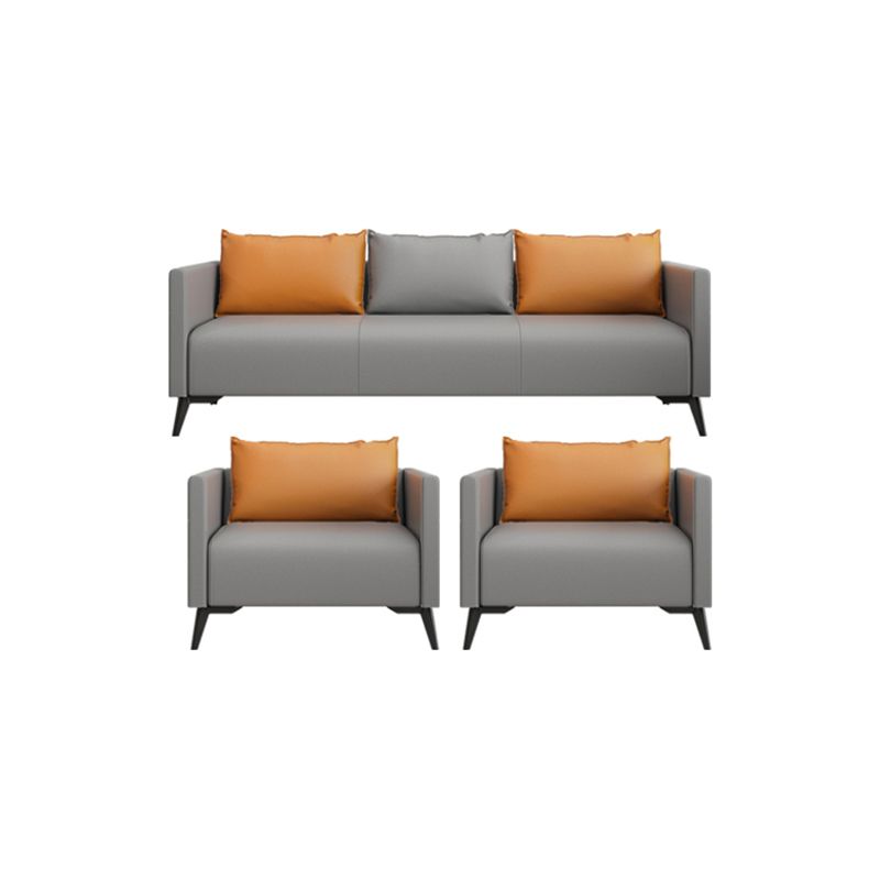 Leather Grey Sofa Stationary Square Arm Seating for Living Room