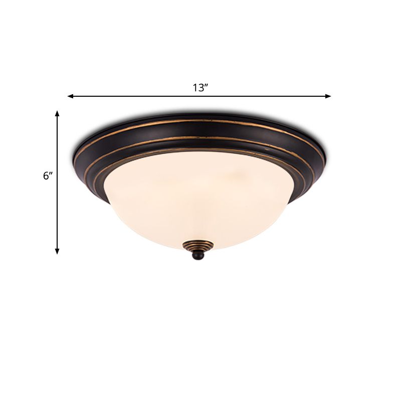 Countryside Semi-Sphere Flush Ceiling Light Milky Glass LED Flush Mount Lighting in Black for Study Room, 13"/15" W