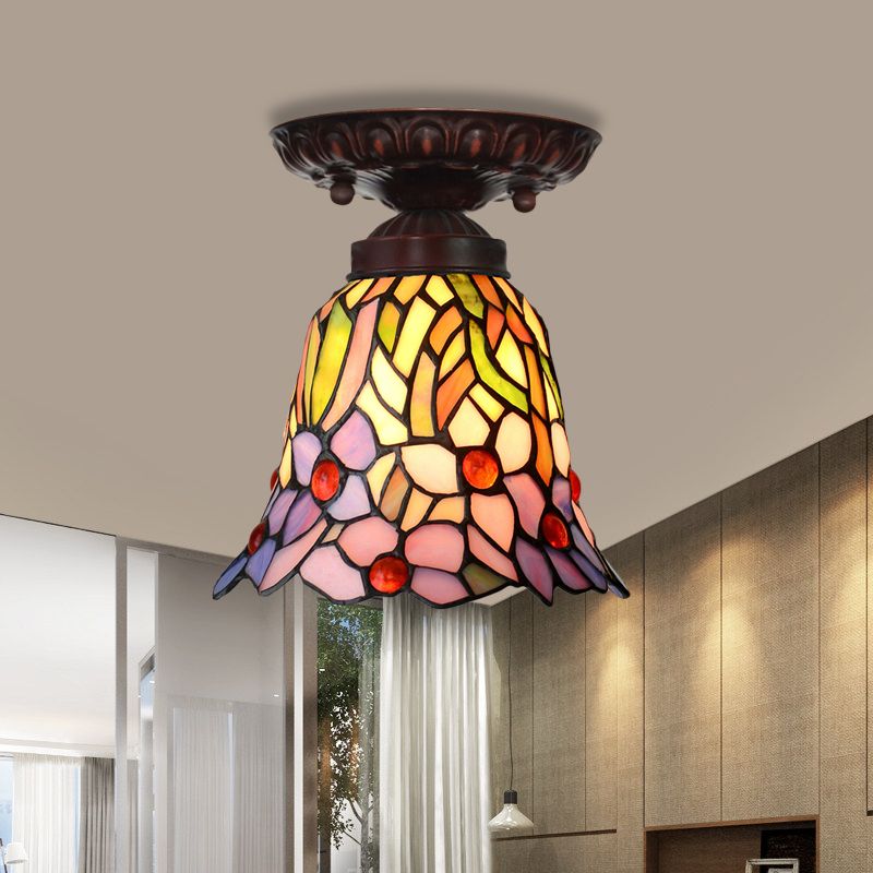 1 Bétail léger Fixation de la lumière victorienne Bell Rose Rose / Blue Stained Glass Ceiling Lamp for Bedroom