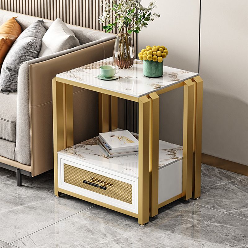 Frame Glam Style Side Table 21.6" Tall Stone Top Side Table with Storage
