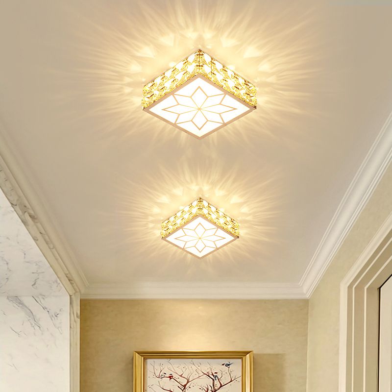 Square Ceiling Mount Light Fixture Simple Crystal Embedded Clear LED Flush Mounted Light for Hallway