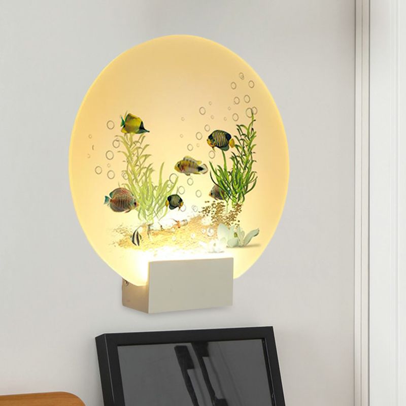 White Circular Wall Lighting Idea Oriental LED Acrylic Mural Light with Undersea Plants and Fish Design