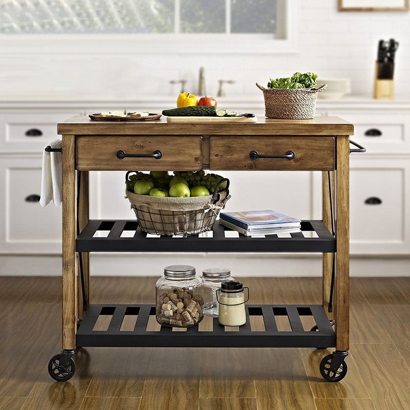 Modern Solid Wood Kitchen Island Cart with Wheels and 2 Drawers