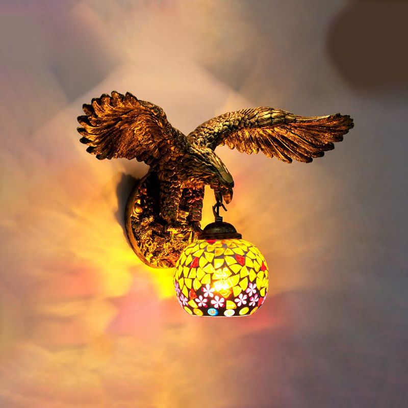 Globe Wall Mounted Lighting Mediterranean White/Beige/Red Glass 1 Light Brass Sconce Light for Outdoor