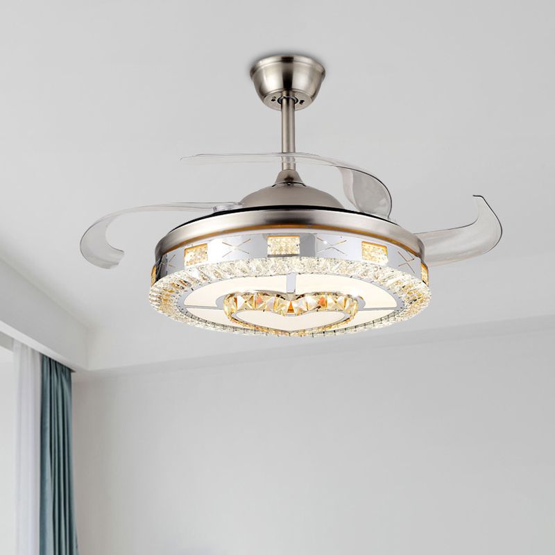 Silver 4 Blades Pendant Fan Lamp Minimalist Crystal Heart/Diamond Semi Mount Lighting, 19.5" Width