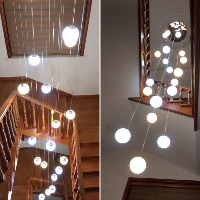 Cream Glass Spherical Multi Pendant Chandelier Simplicity Silver Ceiling Hang Lamp for Lobby Stairs