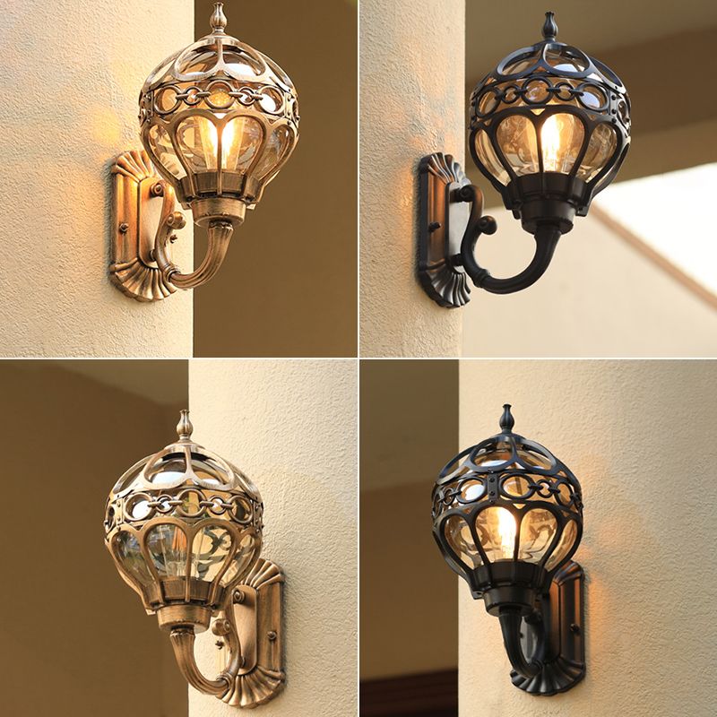 Sphere Outdoor Wall Mount Light Retro Clear Glass 1 Bulb Wall Sconce with Cage Guard