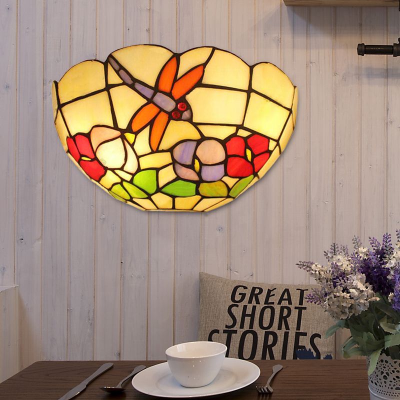 Dragonfly Wall Sconce Light Lodge Stained Glass 2 Bulbs Wall Mount Light with Bowl Shade