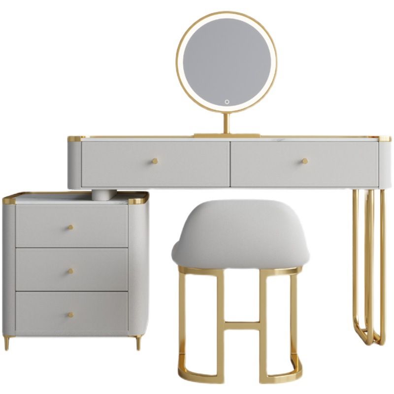 15.74" Wide Glass Vanity Desk with 5 Storage Drawers Cream Wood Vanity Set for Bedroom