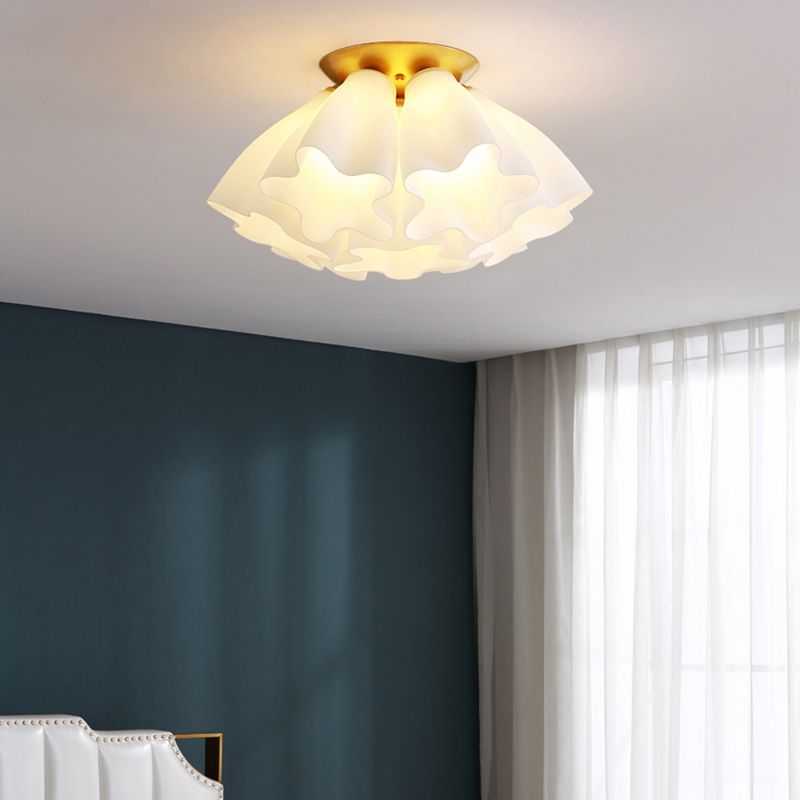 Bedroom Flush Mount Light Modern Gold Ceiling Light Fixture with Floral Glass Shade