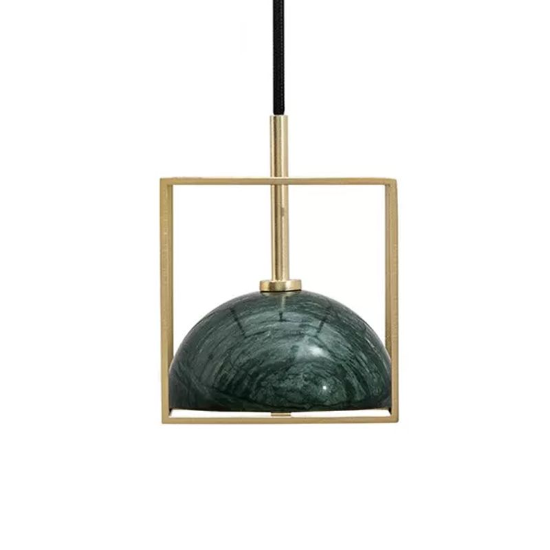 Marble Small Dome Hanging Light Kit Mid Century 1 Head Black/Green Ceiling Pendant with Gold Cubic Wire Cage Guard