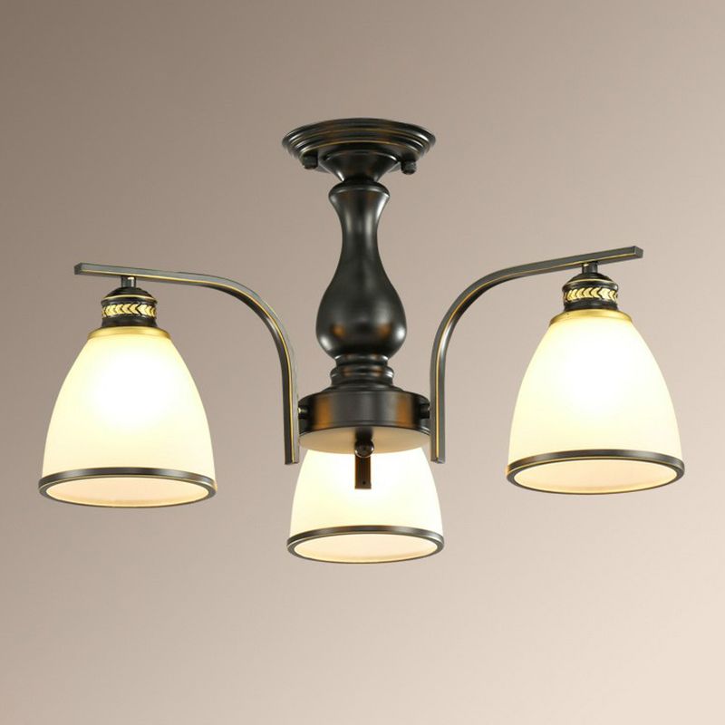 Rustic Bowl Shaped Semi Flush Frost Glass Ceiling Mount Chandelier for Living Room