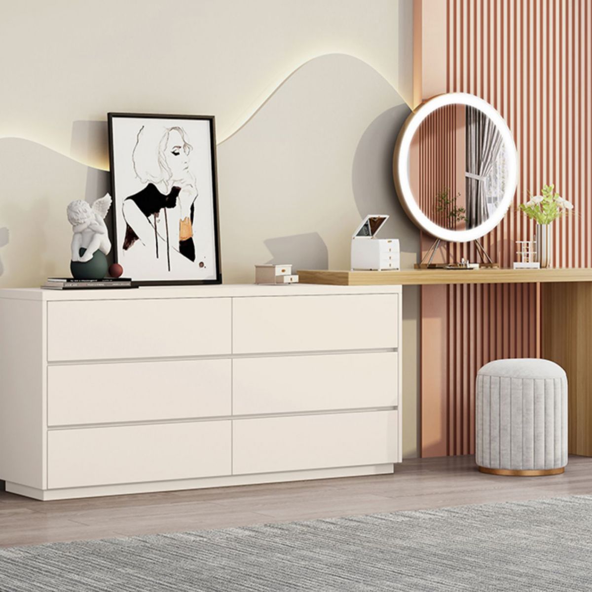 Bedroom Simple Make-up Vanity and Stool in White with Drawers