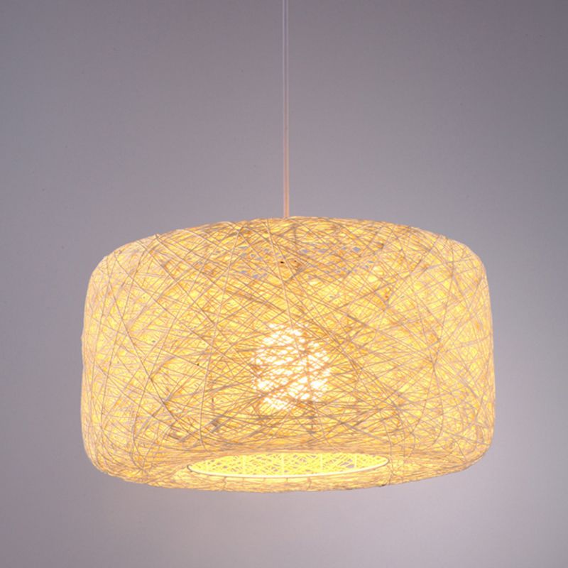 Flaxen Drum Ceiling Hanging Lantern Chinese 16/23.5 Inches Wide 1-Light Bamboo Down Lighting Pendant