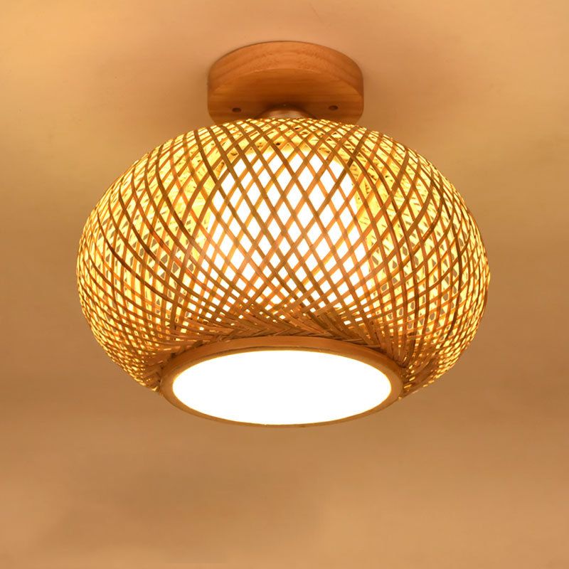 Asian Style Handmade Bamboo Weaving Ceiling Light 1 Head Wooden Ceiling Lamp for Restaurant