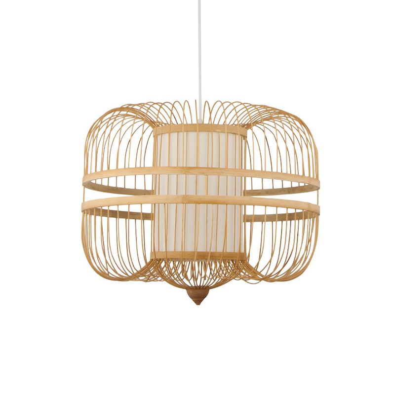 Bamboo Curved Drum Suspension Light Simplicity 1-Light Wood Pendant Light Fixture