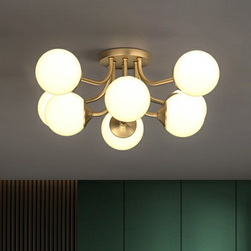 Bola de oro Semi Flush Candelier Postmodern Opal Glass Luz de techo para sala de estar