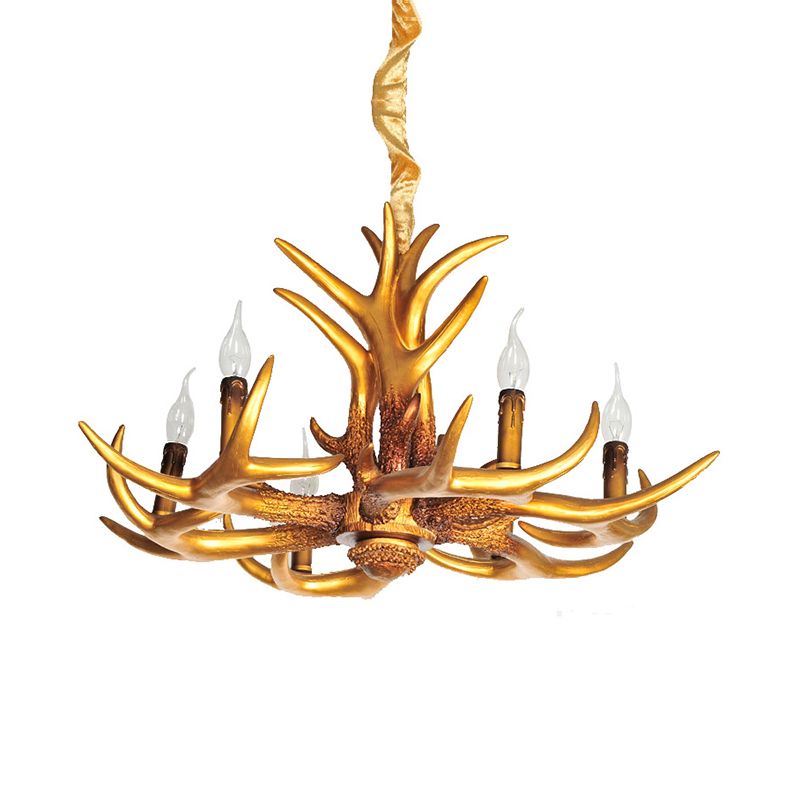 Vela de araña colgante de oro de resina 6 bombillas Luz de colgante tradicional para sala de estar