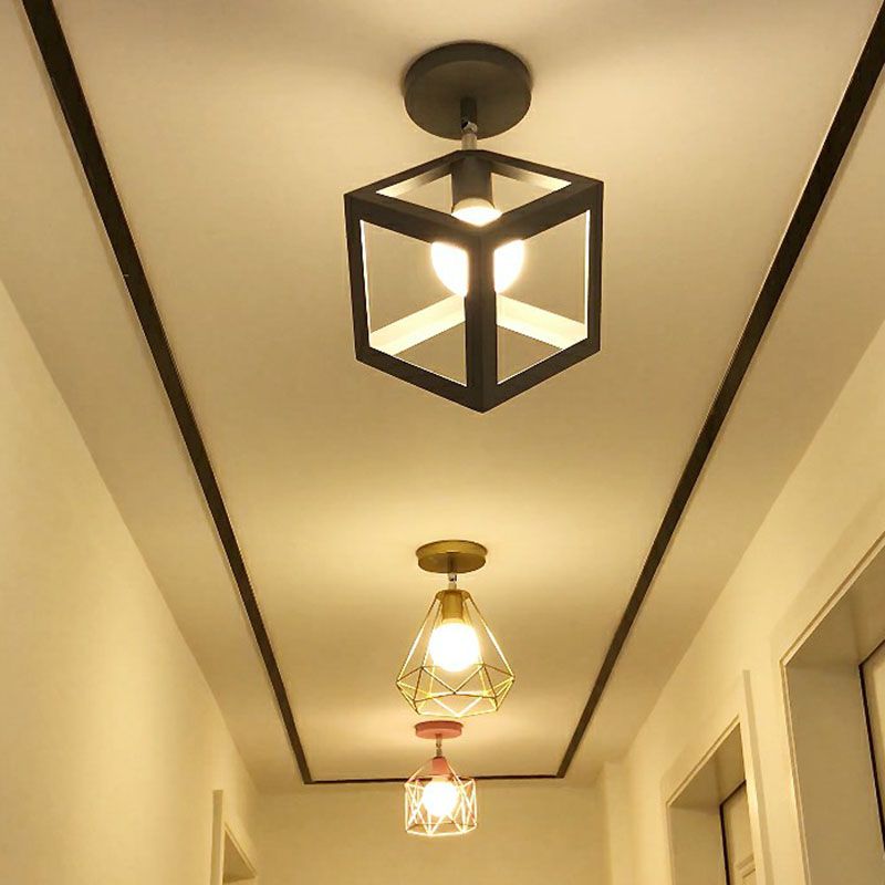 Retro Geometric Semi Flush Mount Lighting 1 Head Iron Flush Mount Fixture for Entryway