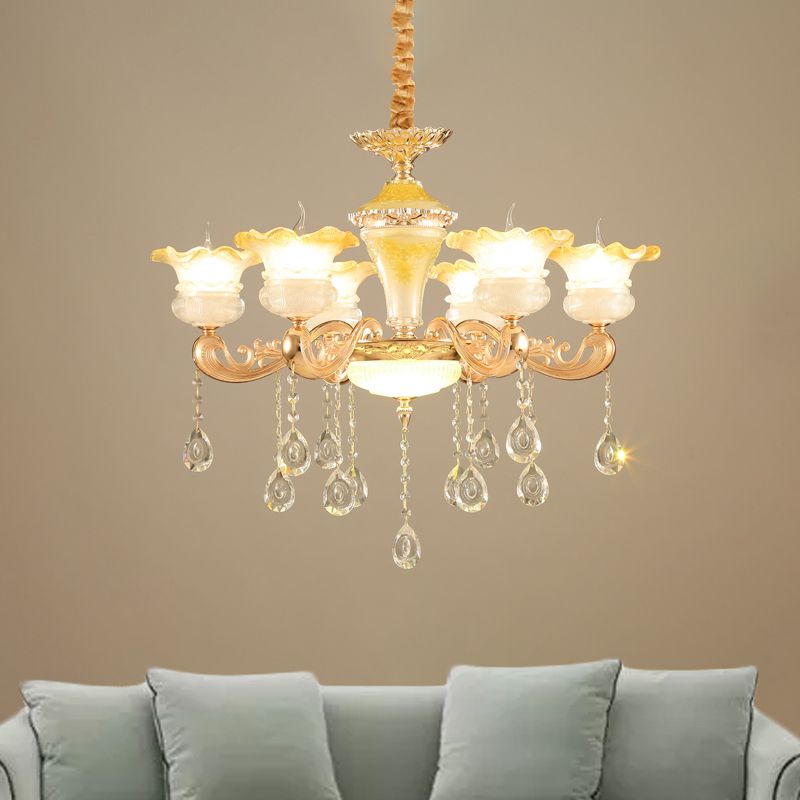 Fading Yellow Glass Ruffle Chandelier Postmodern 6 Lights Hotel Hanging Lamp in Gold