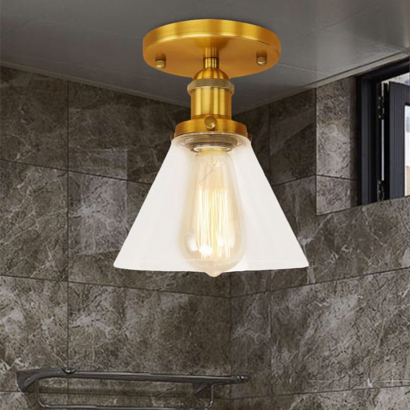 Single Bulb Semi-Flush Mount Industrial Conical Clear Glass Ceiling Light in Black / Brass / Copper