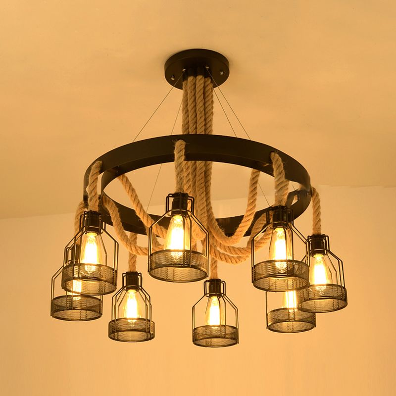 Chandelier Lamp Industrial Cage Metal Hanging Light with Hanging Rope for Dining Room