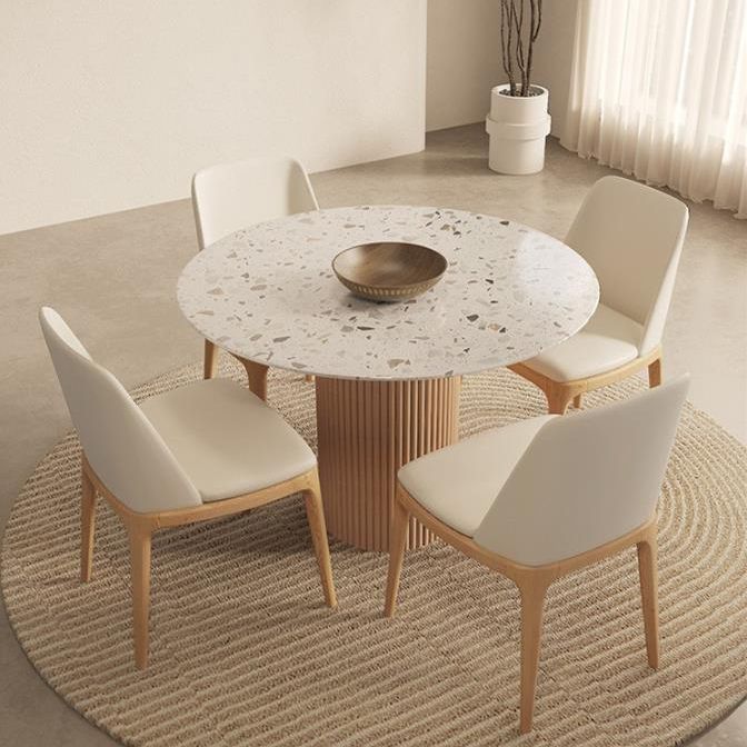 Round Dining Table Modern Stone Top Dining Table with Solid Wood Base
