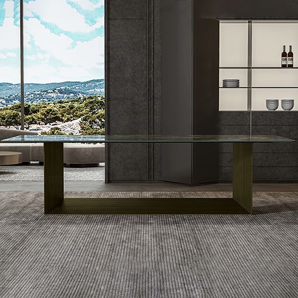 Rectangle Traditional Luxury Dining Table Green Sintered Stone Table with Trestle Base