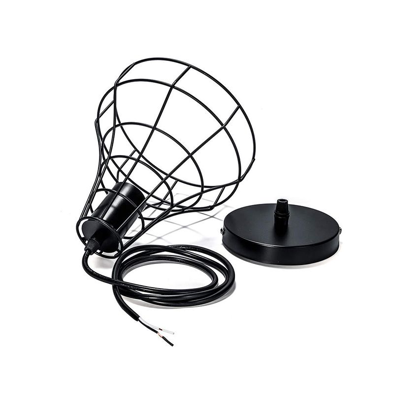 Black Caged Pendant Lighting Industrial Metal 1-Light Restaurant Suspension Light