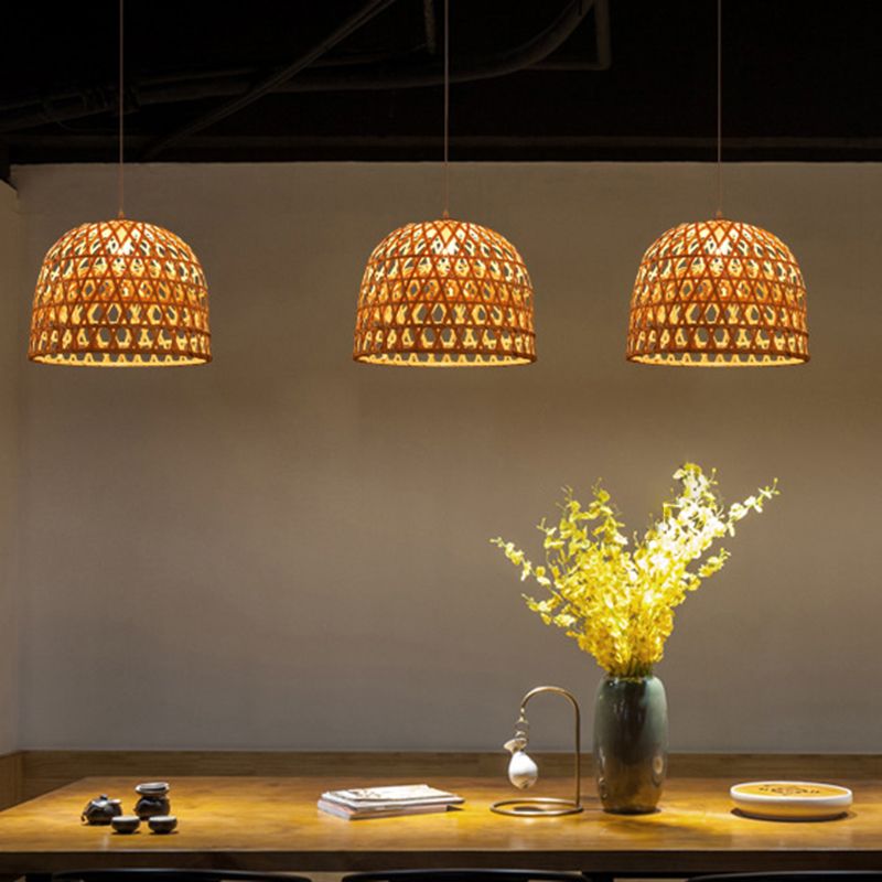 14 "/19.5" W Modern Dome Bamboo Accensione a sospensione 1 Lampada a soffitto di luce in beige per sala da pranzo