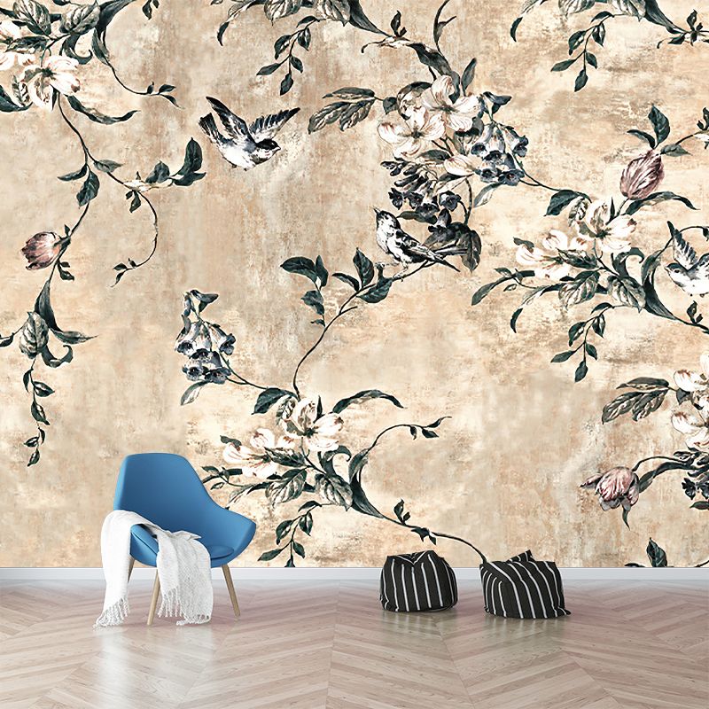 Peintures murales de Style chinois de couleur Pastel, décoration murale à motifs d'oiseaux entiers et de branches de pêche pour chambre à coucher