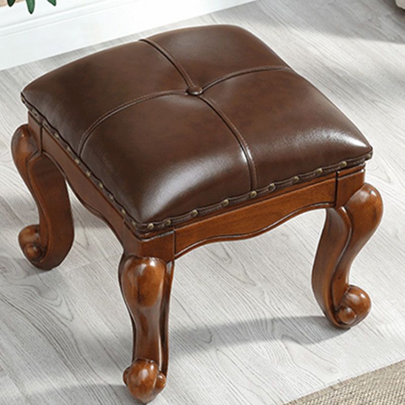 Mid-Century Modern Pouf Ottoman Genuine Leather Tufted Nailhead Trim Rectangle Ottoman