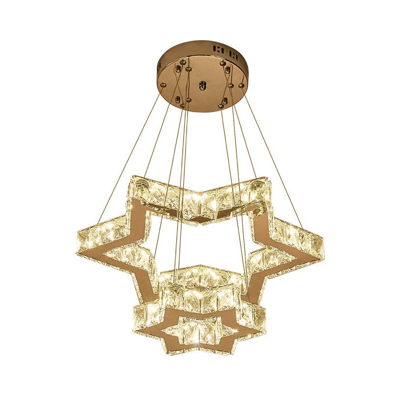 Kristallblock fünfzackiger sternhängender Kronleuchter einfaches Edelstahl-LED-Deckenleuchte, warm/weiß/3 Farblicht